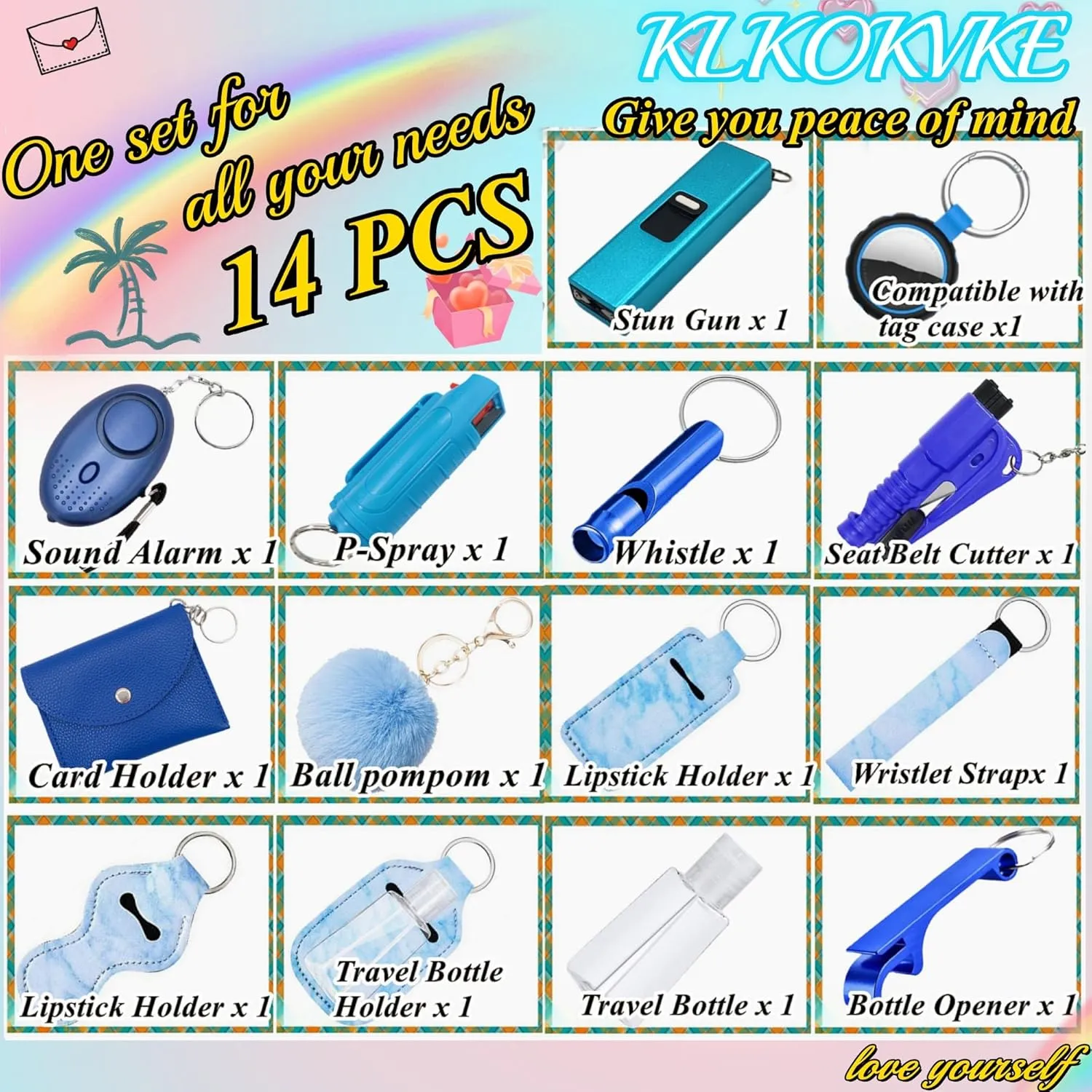 Wristlet Card Holder Keychain Set for Women with Whistle, Bottle Opener, Travel Bottle Holder and Wristlet Strap