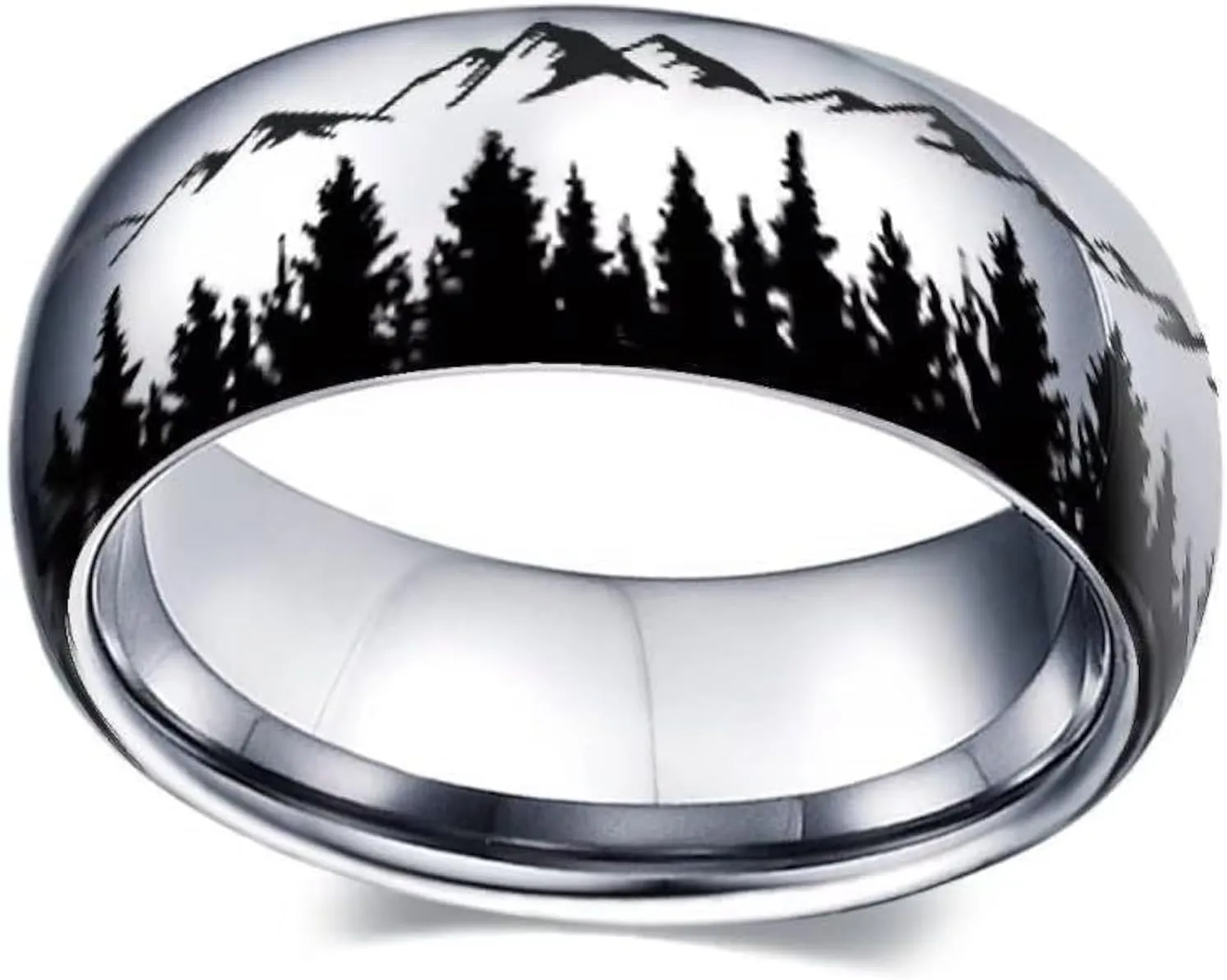 XAHH 8mm Stainless Steel Men's Ring with Mountain Peak Forest Outdoor Landscape Design Anniversary Promise Wedding Band Size 5-13