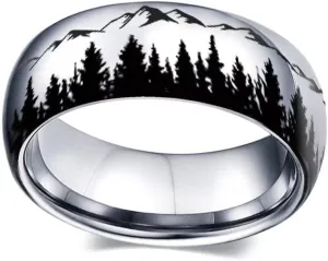 XAHH 8mm Stainless Steel Men's Ring with Mountain Peak Forest Outdoor Landscape Design Anniversary Promise Wedding Band Size 5-13