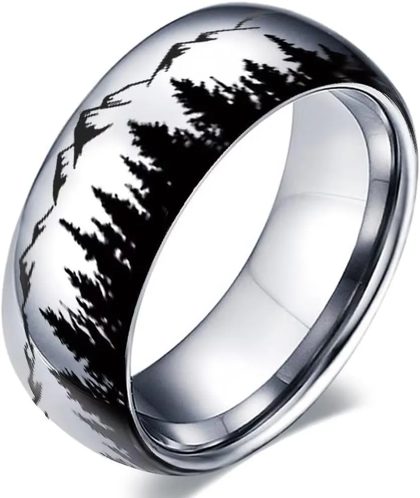 XAHH 8mm Stainless Steel Men's Ring with Mountain Peak Forest Outdoor Landscape Design Anniversary Promise Wedding Band Size 5-13
