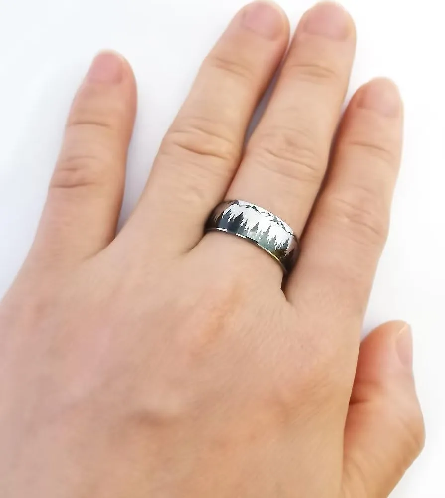 XAHH 8mm Stainless Steel Men's Ring with Mountain Peak Forest Outdoor Landscape Design Anniversary Promise Wedding Band Size 5-13