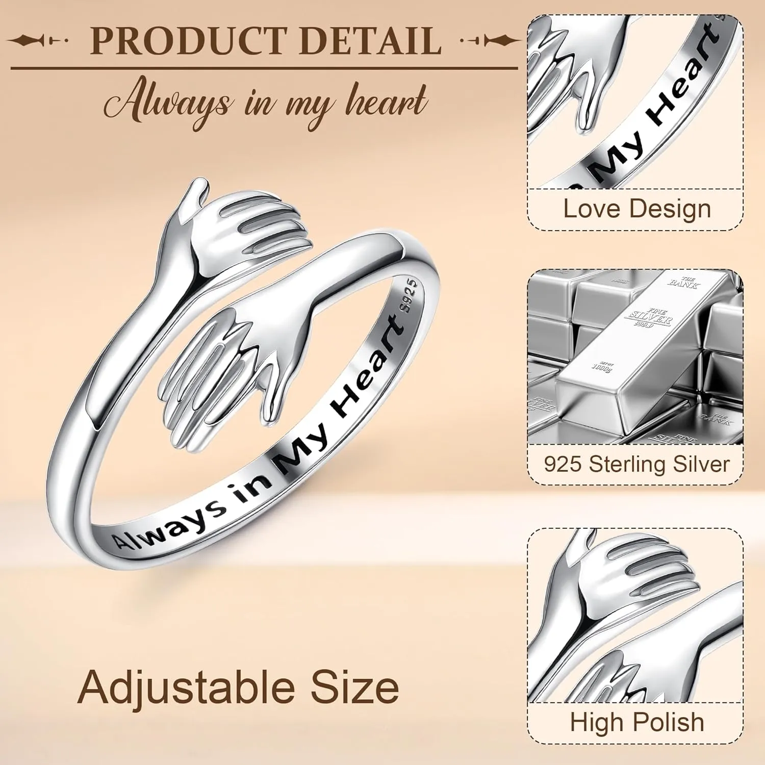 YADOCA 925 Sterling Silver Hug Ring for Women Men Adjustable Hugging Hands Open Love Promise Friendship Wedding Ring