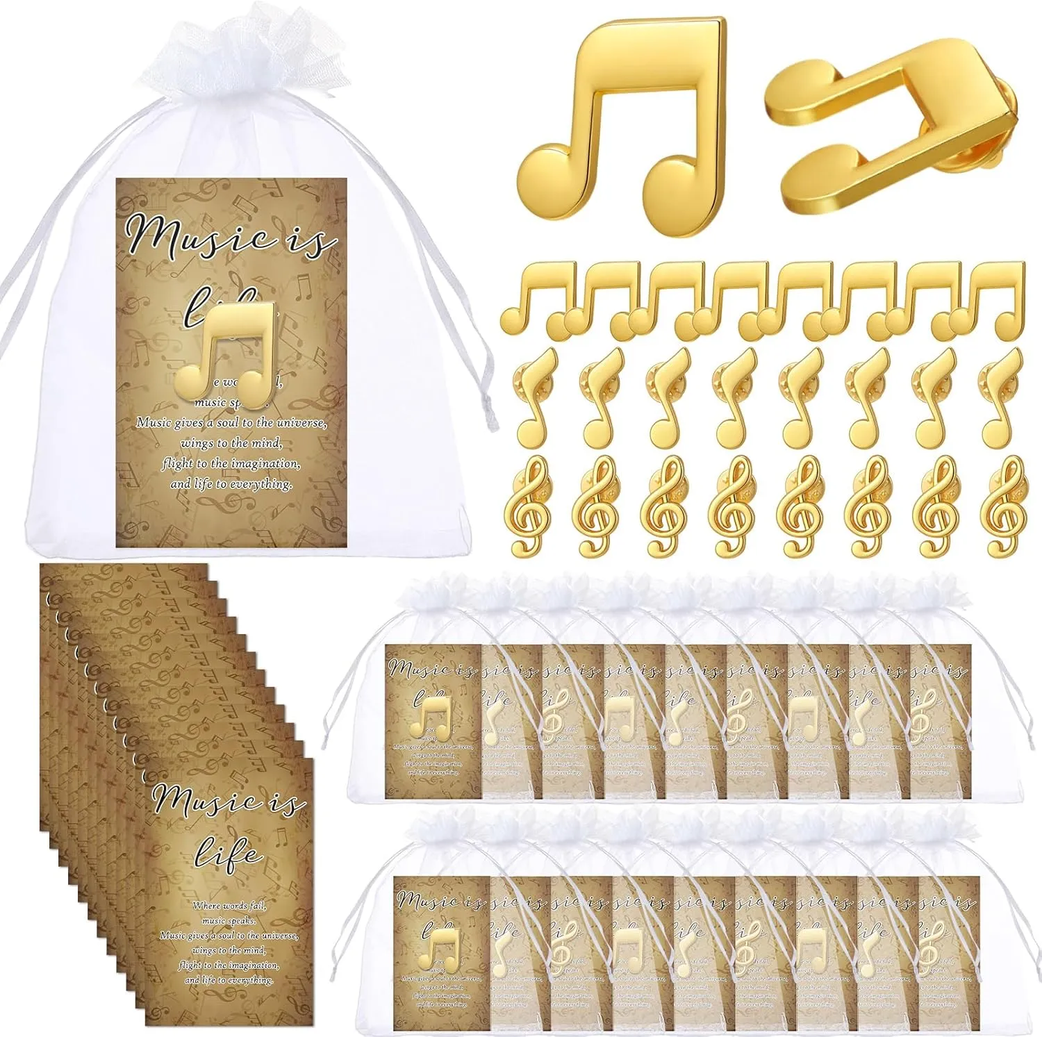 Yinkin Music Lapel Pin Gifts Bulk 3 Styles Musical Brooch Music Cards and Organza Bags for Teacher Student Graduation Favor