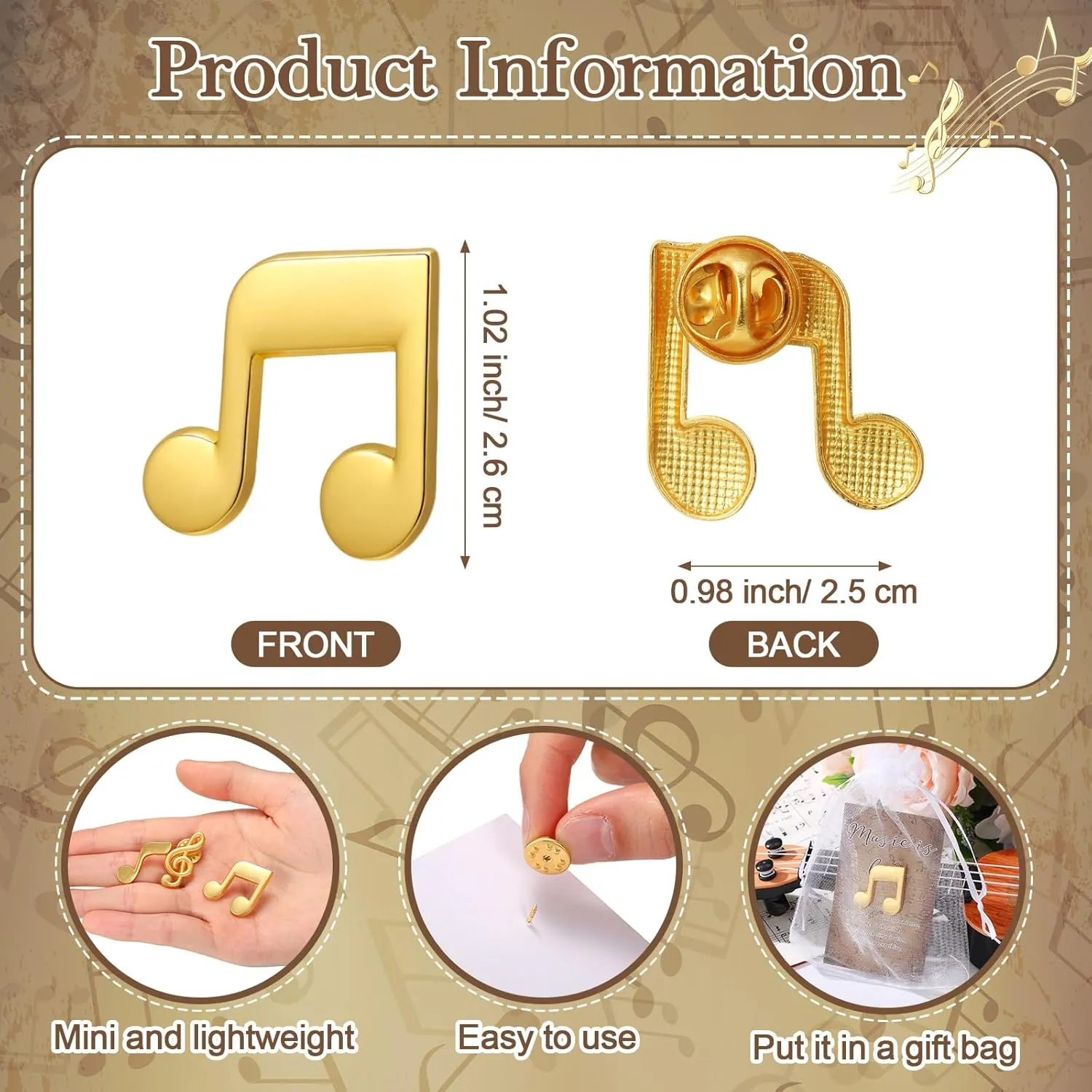 Yinkin Music Lapel Pin Gifts Bulk 3 Styles Musical Brooch Music Cards and Organza Bags for Teacher Student Graduation Favor