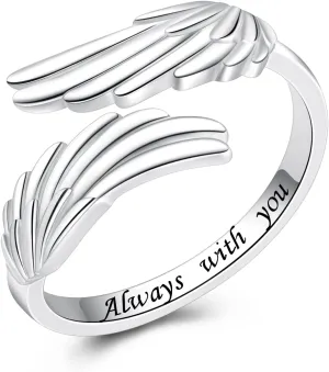 YLT 925 Sterling Silver Feather Angel Wings Ring Adjustable Dainty Wrap Open Thumb Rings for Women